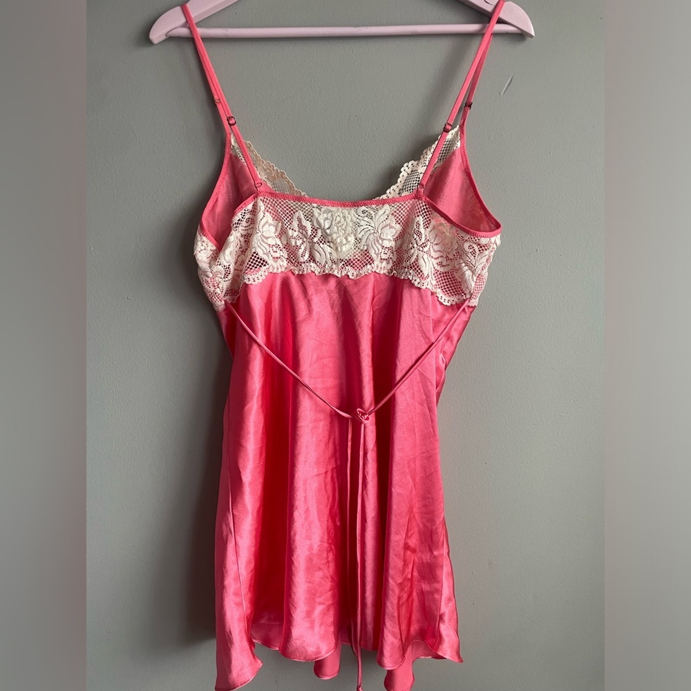 In Bloom Pink Satin Chemise with White Lace - Picture 2 of 5